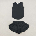 GSSO2505 Black Solid Color Yoga Sports Girls Shorts Set