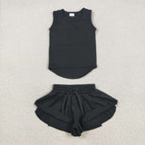 GSSO2505 Black Solid Color Yoga Sports Girls Shorts Set
