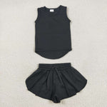 GSSO2505 Black Solid Color Yoga Sports Girls Shorts Set