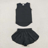 GSSO2505 Black Solid Color Yoga Sports Girls Shorts Set