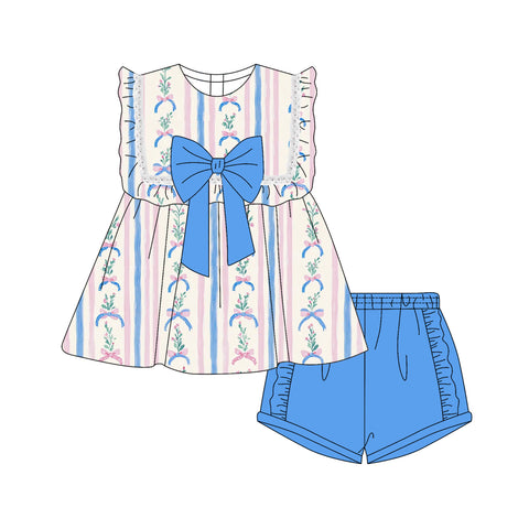 Preorder 04.18 GSSO2533 Flower Bows Blue Girls Shorts Set