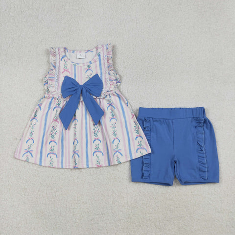 GSSO2533 Flower Bows Blue Girls Shorts Set