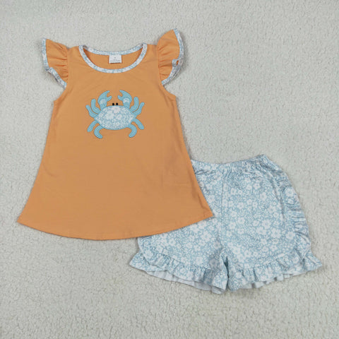 GSSO2555 Embroidery Flower Crab Orange Girls Shorts Set
