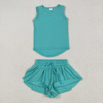 GSSO2572 Blue Green Solid Color Yoga Sports Girls Shorts Set