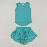 GSSO2572 Blue Green Solid Color Yoga Sports Girls Shorts Set