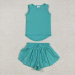 GSSO2572 Blue Green Solid Color Yoga Sports Girls Shorts Set