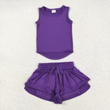 GSSO2573 Purple Solid Color Yoga Sports Girls Shorts Set