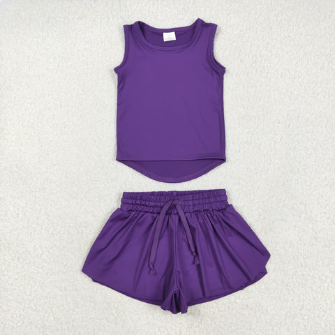 GSSO2573 Purple Solid Color Yoga Sports Girls Shorts Set