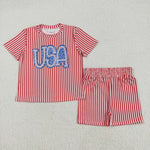 GSSO2577 America USA Red Stripe Girls Shorts Set