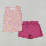 GSSO2605 Smiley Face Pink Girls Shorts Set