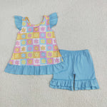 GSSO2623 Flower Sky Blue Plaid Girls Shorts Set
