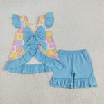 GSSO2623 Flower Sky Blue Plaid Girls Shorts Set