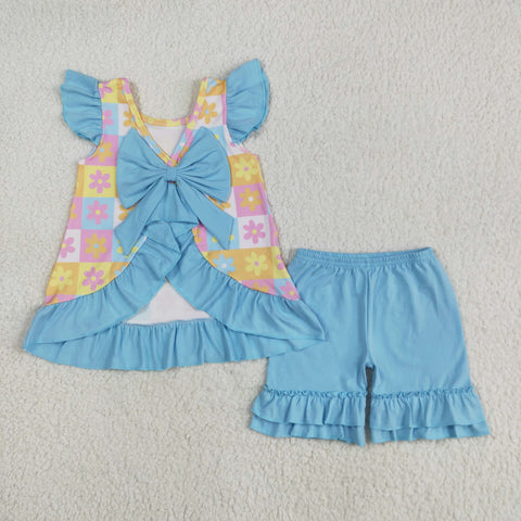 GSSO2623 Flower Sky Blue Plaid Girls Shorts Set