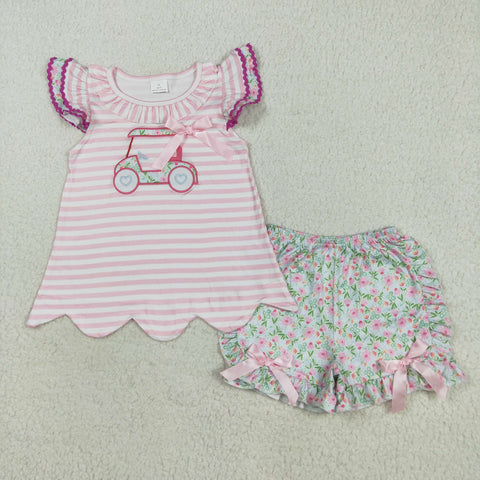 GSSO2633 Embroidery Flower Golf Cart Girls Shorts Set