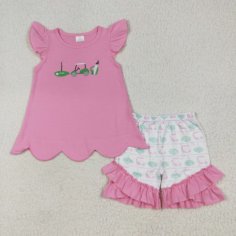 GSSO2660 Embroidery Golf Cart Pink Girls Shorts Set