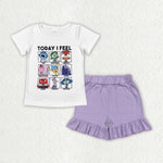 GSSO2665 Today Is Feel Cartoon Purple Girls Shorts Set