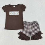 GSSO2672 Embroidery Mallard Ducks Brown Girls Shorts Set