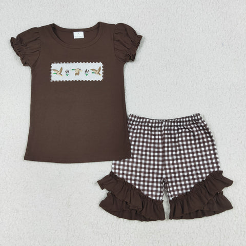 GSSO2672 Embroidery Mallard Ducks Brown Girls Shorts Set