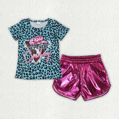 GSSO2692 Cowboy Leopard Pink Leather Girls Shorts Set