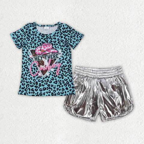 GSSO2693 Cowboy Leopard Silver Leather Girls Shorts Set