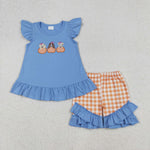 GSSO2700 Embroidery Pumpkin Dog Orange Plaid Girls Shorts Set