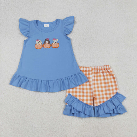 GSSO2700 Embroidery Pumpkin Dog Orange Plaid Girls Shorts Set