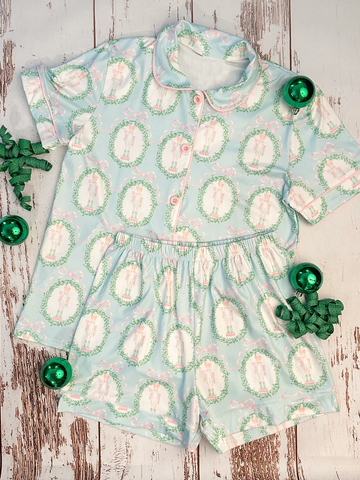 Preorder 10.06 MOQ 5 pcs GSSO2705 Christmas Bows Soldier Sky Blue Girls Shorts Pajamas Set