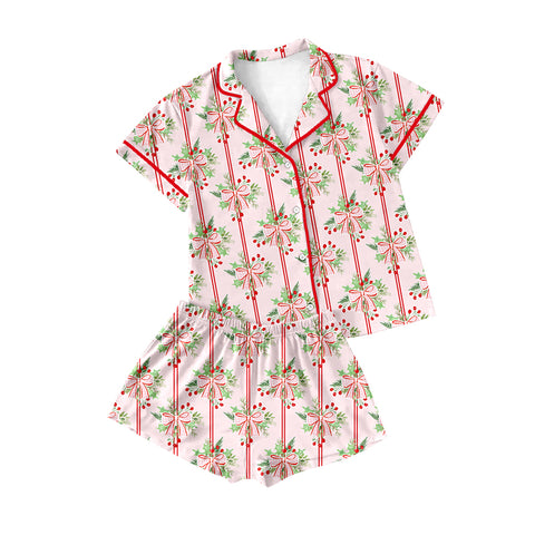 Preorder 10.06 MOQ 5 pcs GSSO2707 Christmas Bows Red Girls Shorts Pajamas Set