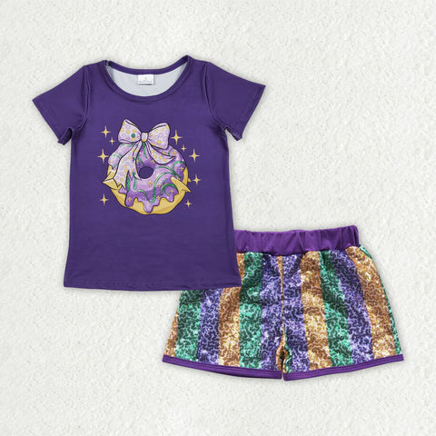 GSSO2712 Mardi Gras Donuts Sequin Shorts 2 Pcs Girl's Set