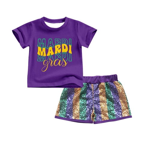 Preorder 10.15 MOQ 5 pcs GSSO2713 Mardi Gras Purple Sequins Girls Shorts Set
