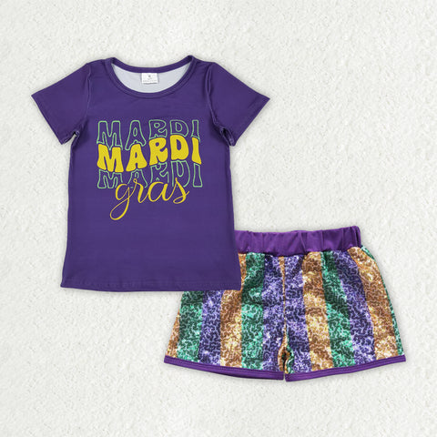 GSSO2713 Mardi Gras Sequin Shorts 2 Pcs Girl's Set