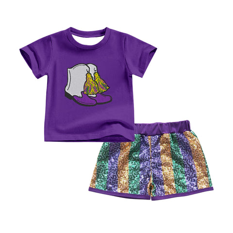 Preorder 10.15 MOQ 5 pcs GSSO2714 Mardi Gras Boots Purple Sequins Girls Shorts Set