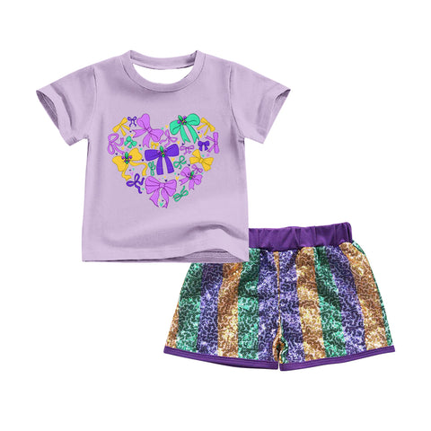 Preorder 10.15 MOQ 5 pcs GSSO2715 Mardi Gras Love Bows Purple Sequins Girls Shorts Set