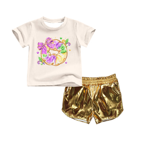 Preorder 10.15 MOQ 5 pcs GSSO2716 Mardi Gras Donut Bows Leather Girls Shorts Set
