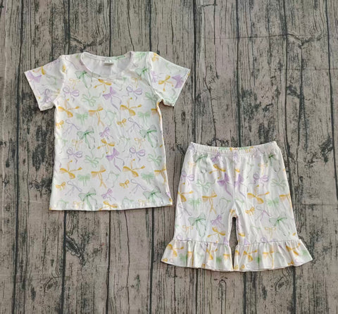 Preorder Samples GSSO2717 Mardi Gras Bows Girls Shorts Set (12-18M to 7-8T)