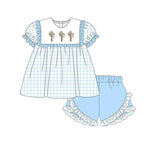 Preorder Samples GSSO2718 Embroidery Easter Cross Flower Sky Blue Girls Shorts Set