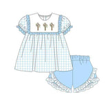 Preorder Samples GSSO2718 Embroidery Easter Cross Flower Sky Blue Girls Shorts Set