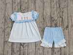 Preorder Samples GSSO2718 Embroidery Easter Cross Flower Sky Blue Girls Shorts Set