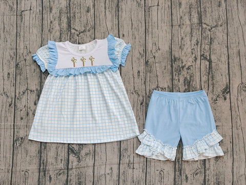 Preorder Samples GSSO2718 Embroidery Easter Cross Flower Sky Blue Girls Shorts Set