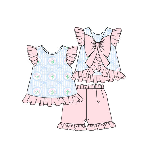 Preorder 10.29 MOQ 5 pcs GSSO2732 Flower Bows Pink Girls Shorts Set