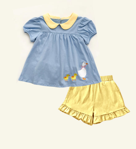 Preorder 10.29 MOQ 5 pcs GSSO2733 Ducks Blue Girls Shorts Set
