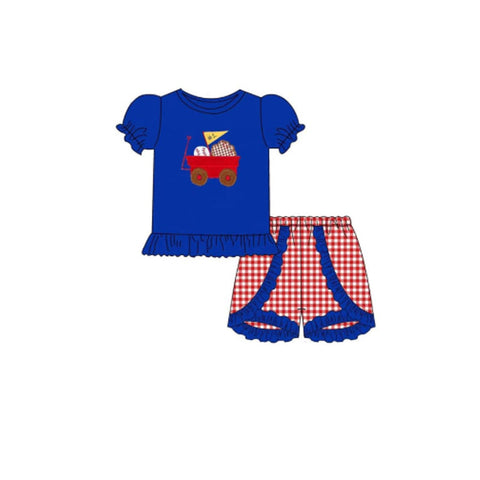 10.10 Pre-order GSSO2734 baby girls baseball blue short sleeves red checkered short outfits