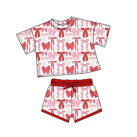 10.10 Pre-order GSSO2737 baby girls pink red bow short sleeves short outfits