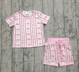 Preorder Samples GSSO2738 baby girls stripe pink red bow short sleeves short outfits