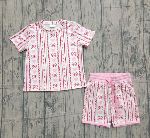 Preorder Samples GSSO2738 baby girls stripe pink red bow short sleeves short outfits