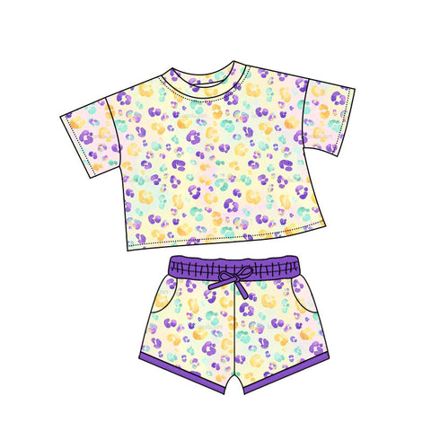 10.10 Pre-order GSSO2739 baby girls Mardi Gras leopard short sleeves short outfits
