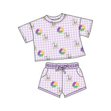 Preorder GSSO2740 Samples baby girls Mardi Gras purple checkered short sleeves short outfits