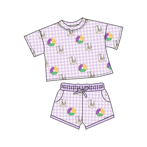 10.10 Pre-order GSSO2740 baby girls Mardi Gras purple checkered short sleeves short outfits