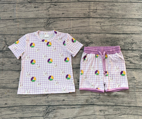 Preorder GSSO2740 Samples baby girls Mardi Gras purple checkered short sleeves short outfits
