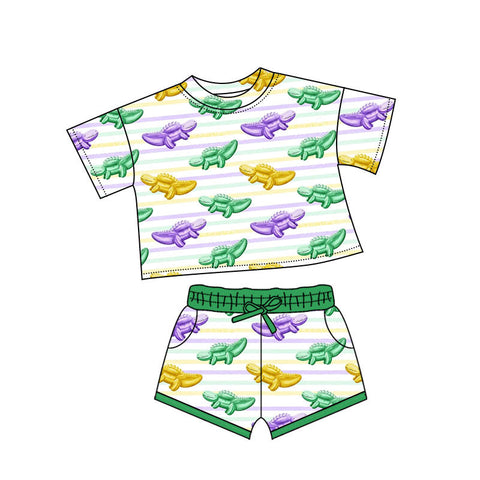 10.10 Pre-order GSSO2741 baby girls Mardi Gras Crocodile stripe short sleeves short outfits